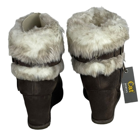 CATERPILLAR CAT BOISTEROUS FAUX FUR CAFE BROWN SUEDE WEDGE WINTER BOOTIES BOOTS - Picture 8 of 15